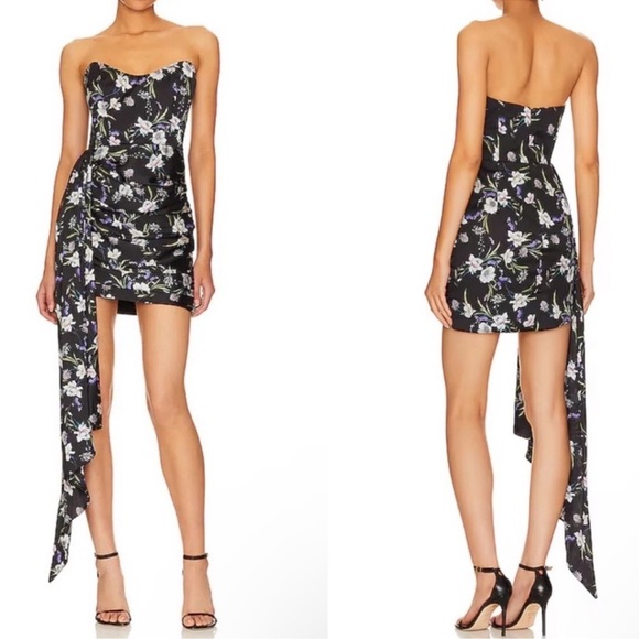 Katie May Chasing Dawn Draped Floral Satin Mini Dress Black Small Wedding Guest - Picture 1 of 8